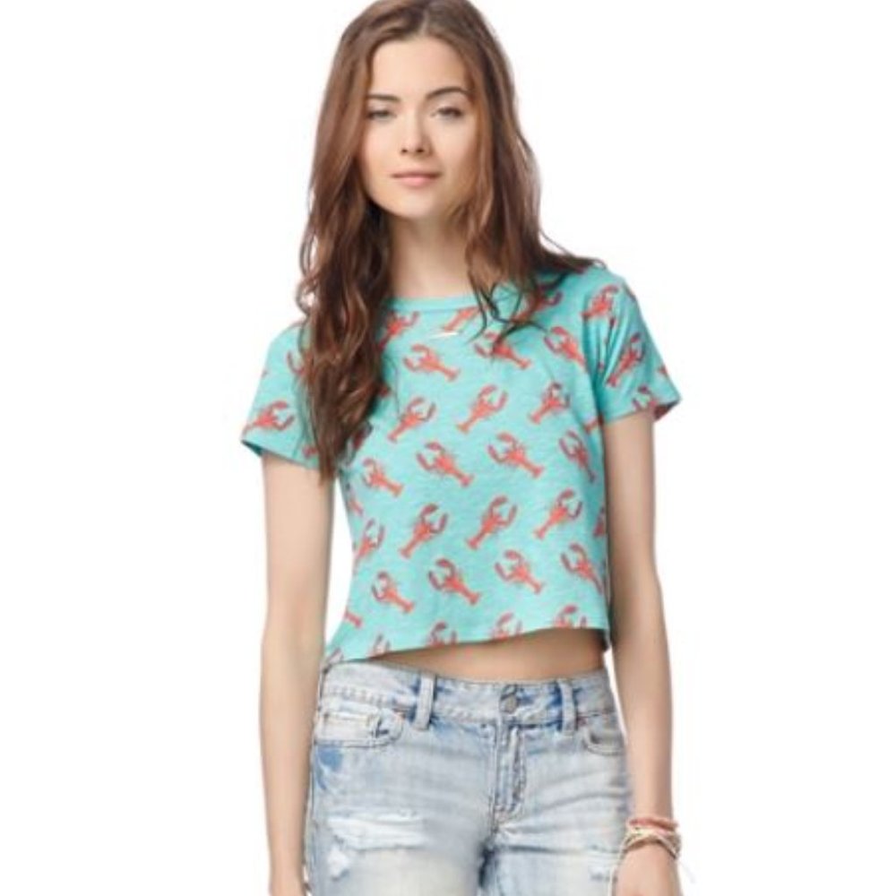 Aeropostale Teal Lobster Graphic Crop Top Size M